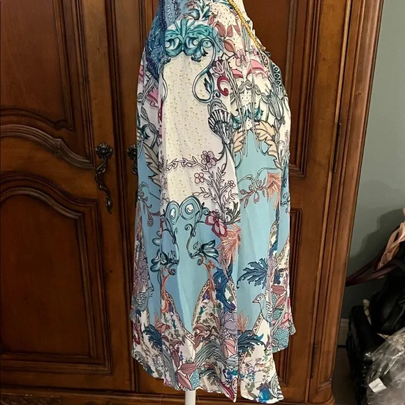 Hale Bob Blue and Pink Floral Beaded Silk Blouse, NWT, XL - Picture 3 of 11
